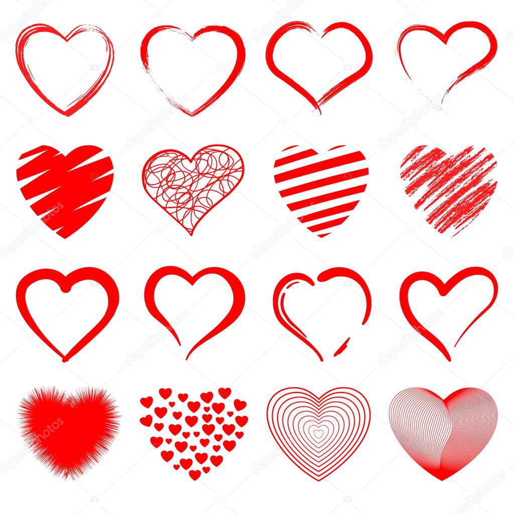 Set of heart illustrations, love symbol icons set. Red hearts. Hand drawn.Vector illustration isolated on white background