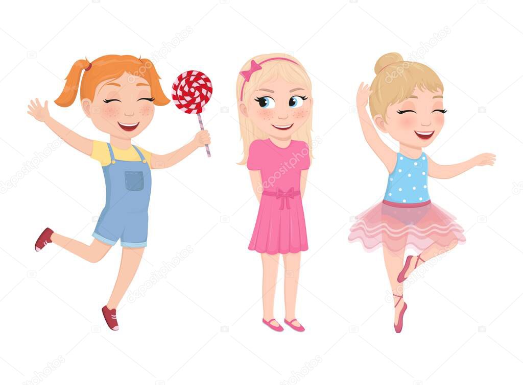 Set of happy children. Cheerful girls in different poses.Vector illustration