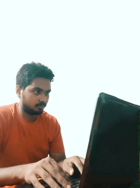 Homem Sentado Frente Computador Portátil — Fotografia de Stock