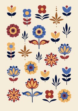 Folk Floral Illustration Set. İskandinav ve Boho Çiçekleri, Minimal Düz Botanik Elementleri