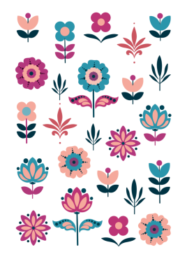 Folk Floral Illustration Set. İskandinav ve Boho Çiçekleri, Minimal Düz Botanik Elementleri