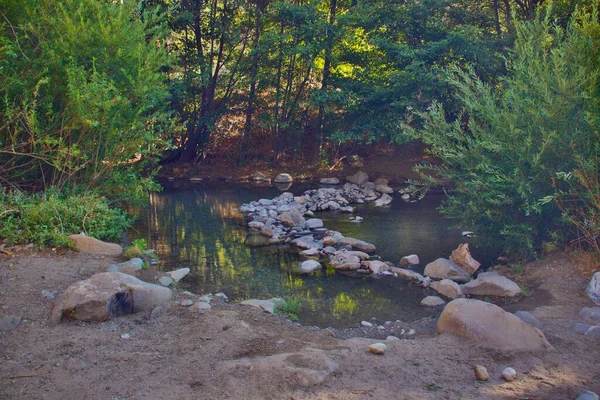 Ηρεμία Ποταμού Για Ηλιόλουστη Μέρα Που Περιβάλλεται Από Δέντρα — Φωτογραφία Αρχείου