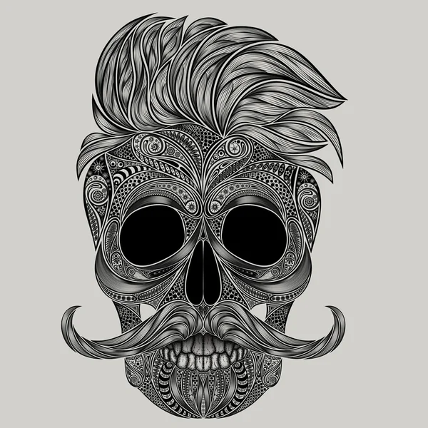 Hipster hair and a mustache. Vector human skull made of flowers. — Stock Vector