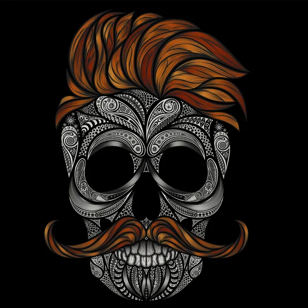 Crânio humano vetorial com cabelo vermelho e bigode. Hipster para Halloween em 2016 — Vetor de Stock