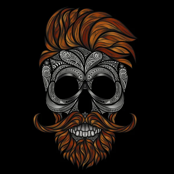 Hipster rojo muerto con barba y bigote. Calavera humana vectorial hecha de flores — Vector de stock