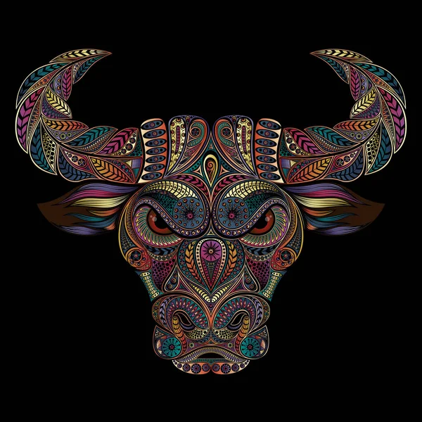 Zentangle tarzındaki siyah arkaplandaki orijinal vektör boğası. 2021 Çin Yeni Yılı Sembolü