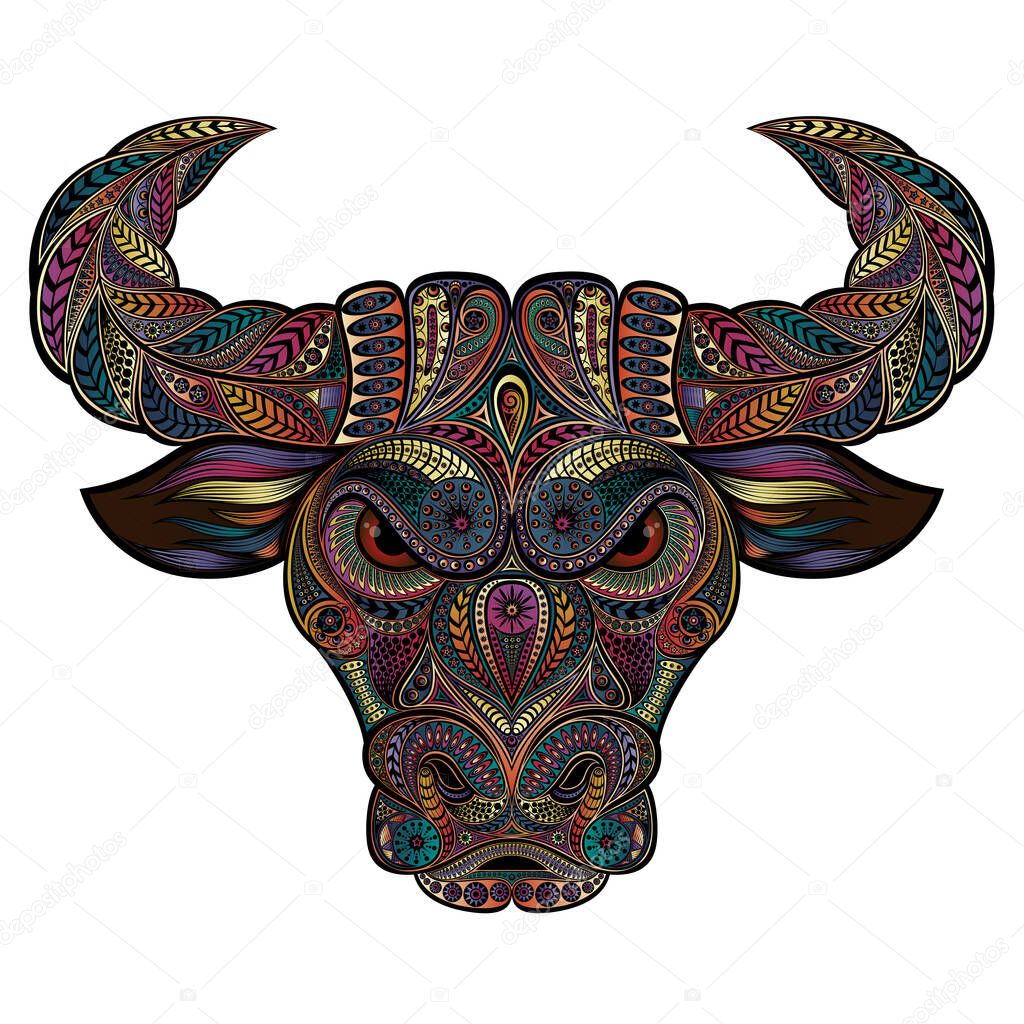  Symbol of 2021. Beautiful vector bull from color patterns in zentangle style