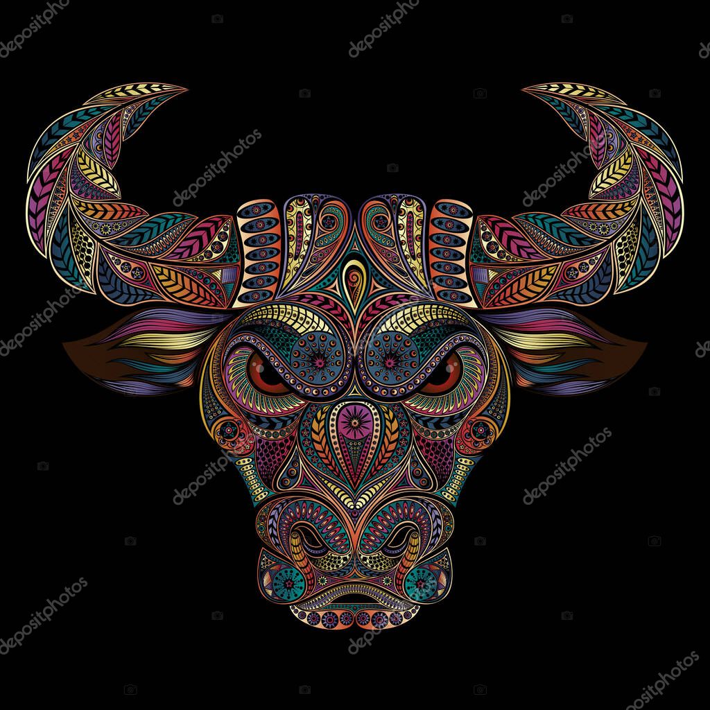 Original vector bull from patterns in the zentangle style on a black background. Symbol of Chinese New Year 2021