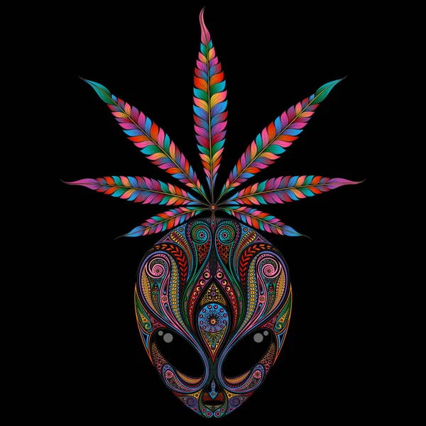 stock vector Neon vector alien with marijuana leaf on black background