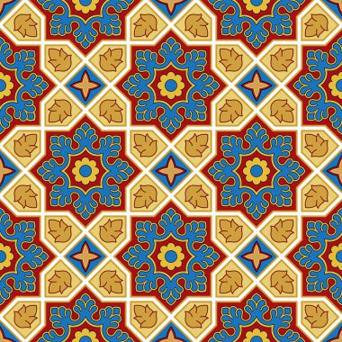 Sindhi geleneksel şablon arka planı, Mavi, Kırmızı & Altın Duvar Kağıdı, Vektör İllüstrasyonu