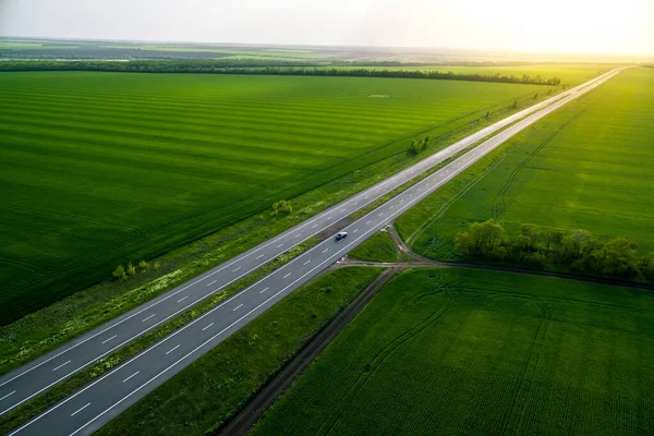 Zwarte Auto Rijden Asfaltweg Langs Groene Velden Gezien Vanuit Lucht — Stockfoto