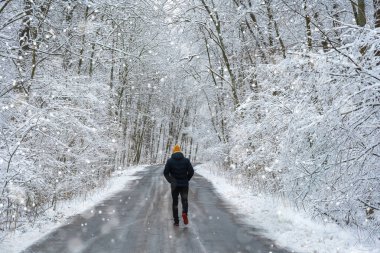 Adam güzel kış ormanlarında yolda yürüyor.