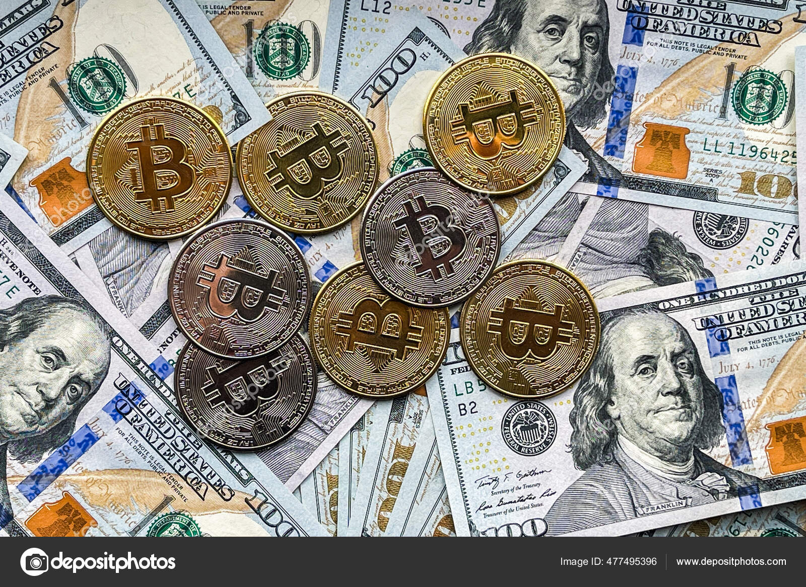 100ドル札の金と銀のビットコイン— ストックイラストレーション by © Mariand_2010 #477495396