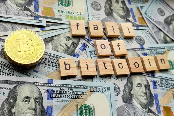 Wooden Letters Fall Bitcoin Hundred Dollars Bills — Foto Stock