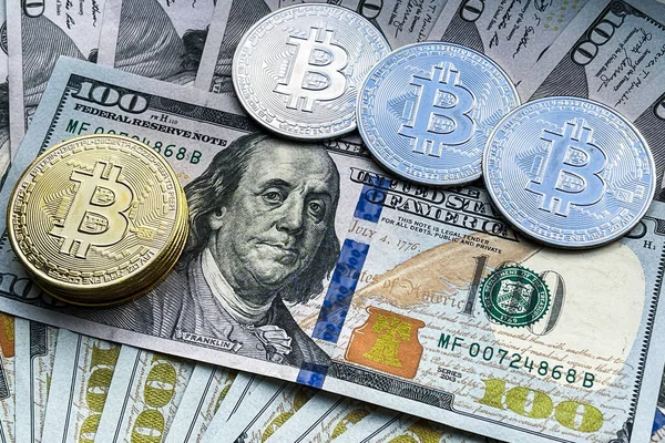 Monete Bitcoin Cripto Valuta Banconote Dollari Usa Moneta Elettronica Contante — Foto Stock
