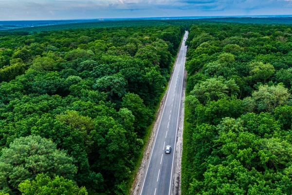 Car Highway Grey Car Driving Asphalt Road Green Forest Drone — Stockfoto