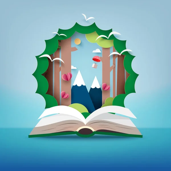 Open Book Travel Paper Art Nature Imagination Idea Concept Vector — 스톡 벡터