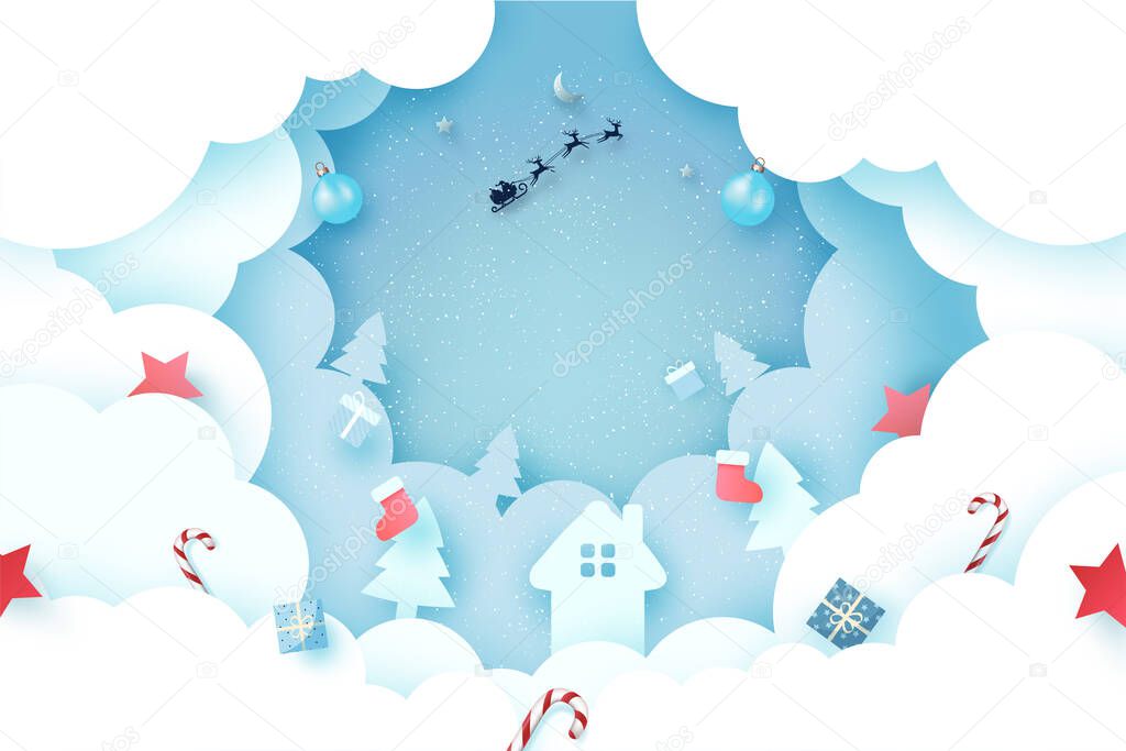 Merry Christmas and Happy New Year.Winter season landscape with Santa Claus in sleigh.