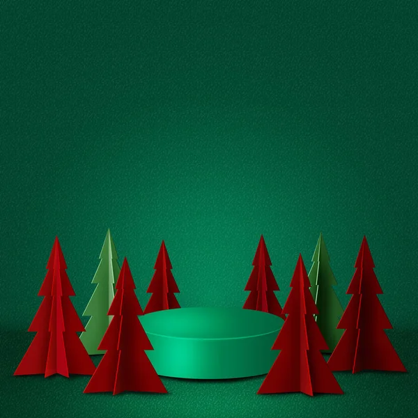 Veselé Vánoce Šťastný Nový Rok Zelené Pódium Zdobené Vánoční Stromeček — Stockový vektor