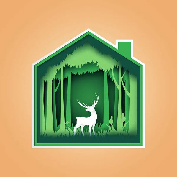 Casa Verde Com Veados Vida Selvagem Floresta Conceito Ecologia Conservação — Vetor de Stock