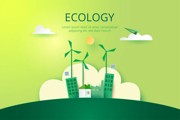 Paper art of Sustainability in green eco city, alternative energy and ecology conservation concept.Vector illustration.