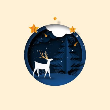 Beyaz geyik ve origami noel ağacı tebrik kartı şablonu arka plan kağıt sanat stili. Vektör illüstrasyonu.