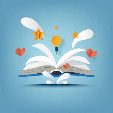 Ampul kağıdı sanat tarzında açık kitap ve yaratıcı öğrenme. Vektör illüstrasyonu.