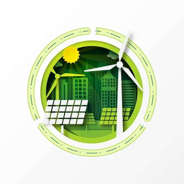 Papierowa Sztuka Ekologicznego Miasta Energii Odnawialnej Dla Zrównoważonego Środowiska Ochrony — Wektor stockowy