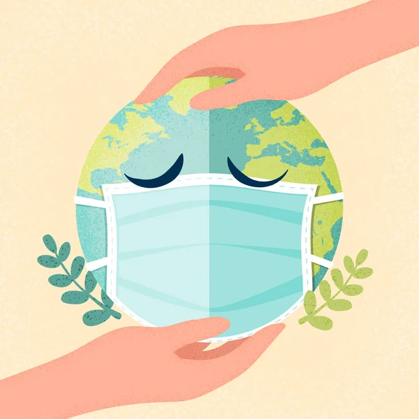 Handen Menselijke Houden Aarde Planeet Met Een Medisch Masker Luchtvervuiling — Stockvector