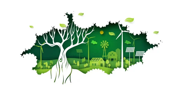 Ecology Concept Big Tree Green Eco Life Background Environment Conservation — Stock Vector