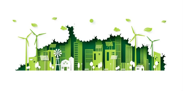 Ecologie Concept Met Groene Eco Stad Achtergrond Van Natuur Milieubehoud — Stockvector