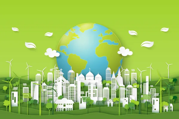 Grüne Ökostadt Auf Natürlichem Hintergrund Ökologie Und Umweltschutz Ressourcenschonendes Nachhaltiges — Stockvektor