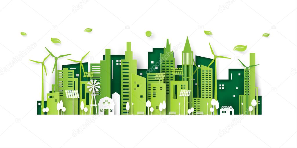 Ecology concept with green eco city background.Environment conservation resource sustainable.Vector illustration.