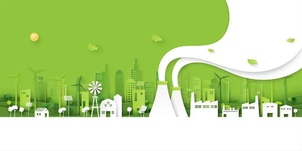 緑の産業と環境に優しい街並みを背景にクリーンエネルギー 生態学と環境コンセプトの一部 — ストックベクタ