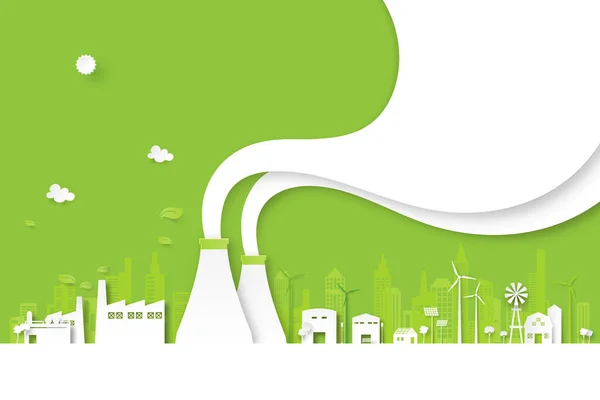 Groene Industrie Schone Energie Milieuvriendelijke Stadsgezicht Achtergrond Papierkunst Van Ecologie — Stockvector