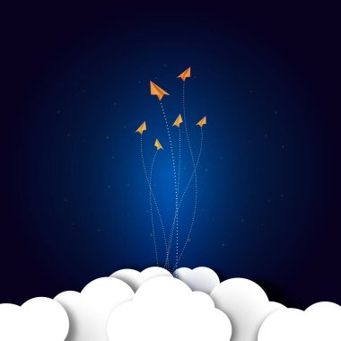 Koyu mavi gökyüzünde uçan bir grup kağıt uçak. İş başlıyor ve takım çalışması konsepti çizimi.