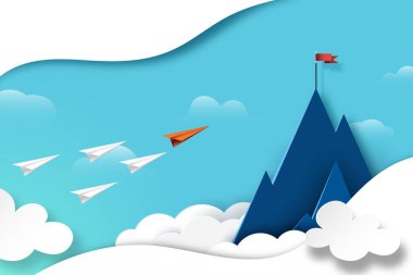 Dağın tepesinde kırmızı bayrağa dalgalanan kağıt uçak takım çalışması. İş liderliği ve başarı kavramı kağıt sanatı. Vector illüstrasyon.
