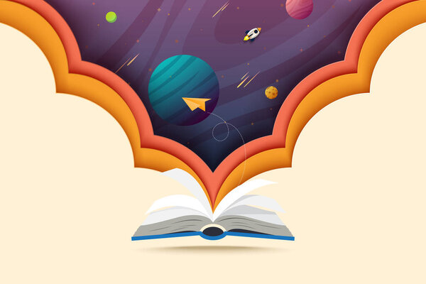 Paper art of open book and explore to outer space.media of learning and education.Vector illustration.