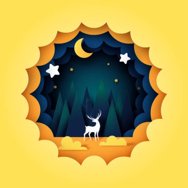 Gece gökyüzü kağıdındaki geyik stili. Çam ormanı, yıldızlar ve hilal şeklinde koyu mavi bulutlu manzara. Vektör illüstrasyonu..