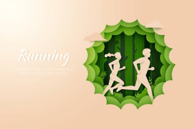 Erkek ve dişi doğa manzarasında koşuyor. Maraton ya da Trail spor aktivitesi. Kağıt sanatı vektör çizimi.