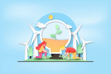 Kağıt çevre sanatı ve ekoloji koruma konsepti iniş sayfası. İnsanlar ampul ve temiz enerjiye ağaç dikerler. Vektör illüstrasyonu.