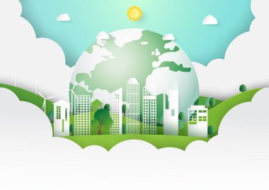 Kağıt sanatı doğa manzarası kavramı dünyayı ve yeşil eko şehir şablonunu kurtarır. Ekoloji ve çevre koruma kavramı. Vektör illüstrasyonu.