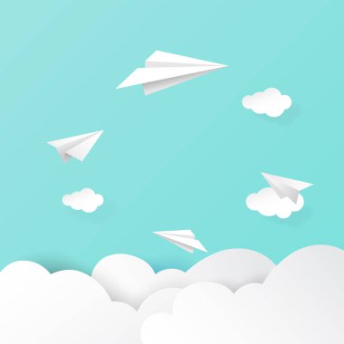 Bulutlarda ve gökyüzünde uçan kağıt uçaklar. İş dünyası takım çalışması konsepti çizimi sanatı..