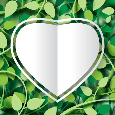 Aşk kavramına sahip tropik yeşil yaprakların kağıt kesimi ve Sevgililer Günü origami tebrik kartı düzenleme şablonu soyut arkaplan. Kağıt sanatsal illüstrasyon..