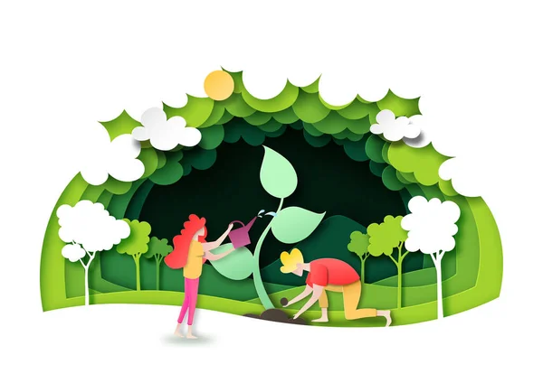 Sauver Monde Avec Écologie Concept Conservation Environnement Personnes Plantant Forêt — Image vectorielle
