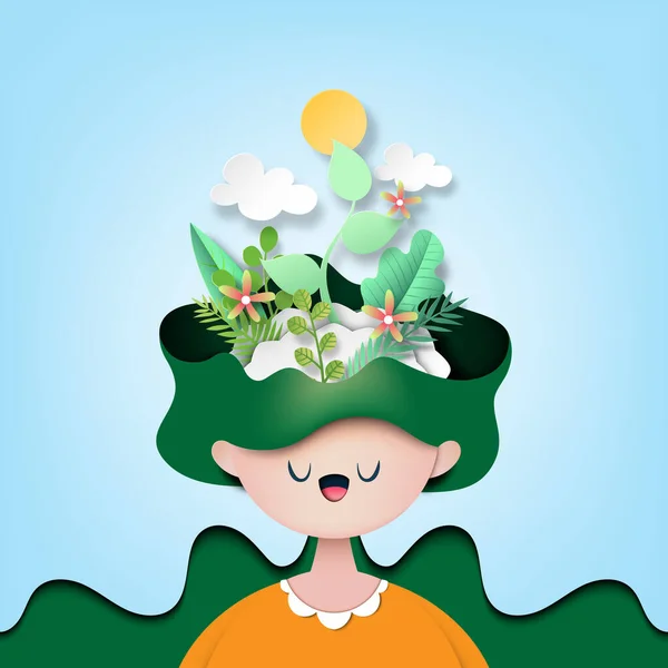 環境と生態系保全の緑の植物を考える女性との自然概念の紙の芸術 — ストックベクタ
