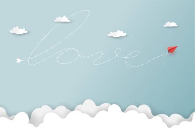 Sevgililer Günü tebrik kartı ve aşk konseptinin kağıt sanatı. Origami kırmızı kağıt uçak aşk formunda uçuyor..