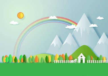 Yeşil çevre dostu yaşam evi ve doğa orman manzarası. Ekoloji ve çevre koruma sanatı yaratıcı fikir tasarımı. Vektör illüstrasyonu.