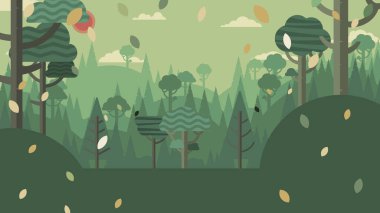 Yeşil siluet ormanı ve dağlar soyut arka plan. Doğa ve çevre koruma kavramı düz tasarım. Vektör illüstrasyon.