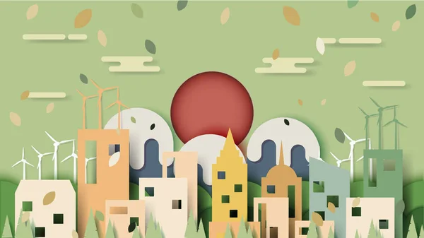 緑豊かな都市景観と再生可能エネルギーの自然景観抽象的な背景生態系と環境保全の概念紙アートデザイン — ストックベクタ